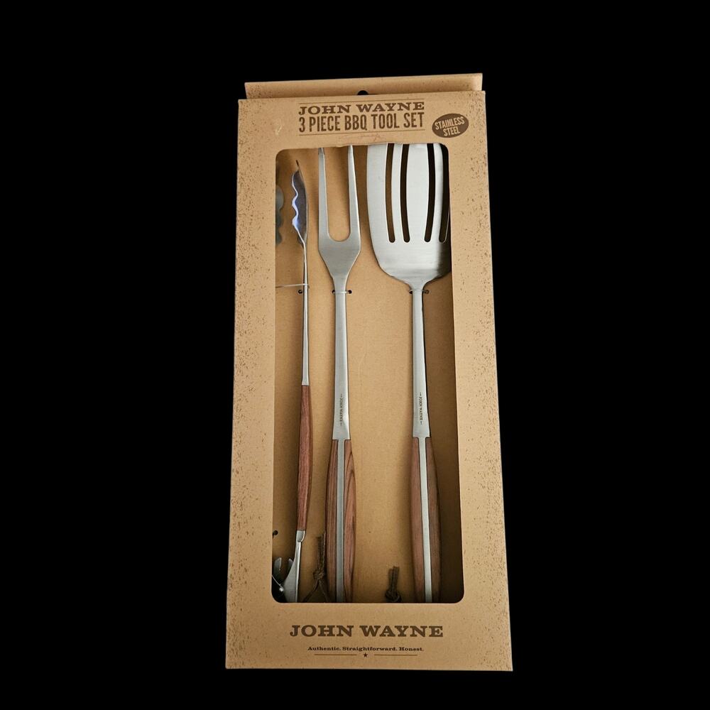 John Wayne 3 Piece BBQ Tool Set Stainless Steel Pakka Wood Handles